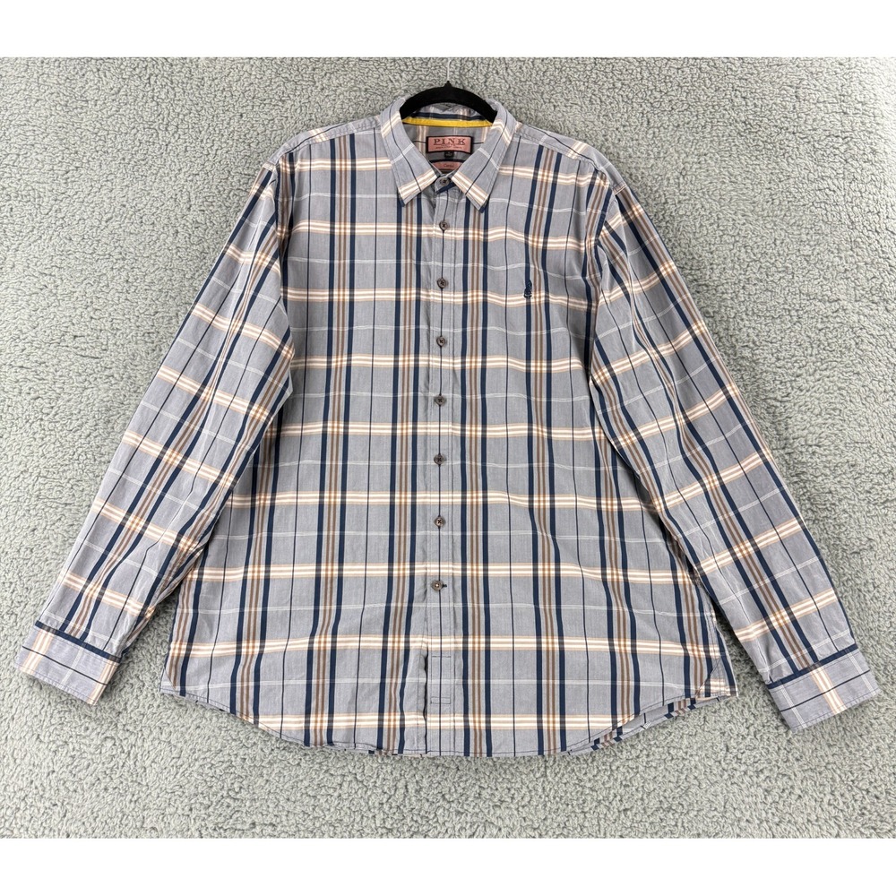 Thomas Pink Button-Up Shirt Men Size XL Blue Plaid Casual Fit Long Sleeve Cotton